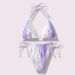 Purple floral halter triangle bikini swimsuit. Size L.